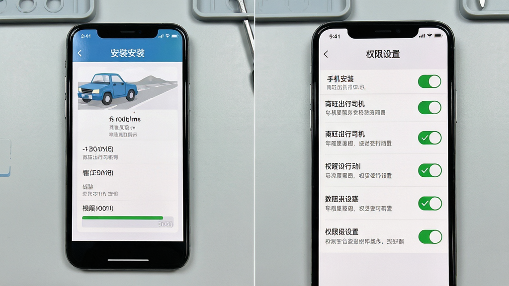 南旺出行司机端手机安装与权限设置操作示意图,画面展示一部手机与设置界面图标,背景为浅灰色工作台面,布局采用左右分栏,左侧为手机安装界面,右侧为权限开关列表,风格简洁教程风,细节包含安装进度条、权限勾选框、提示文字,画质高清,干净,无多余元素