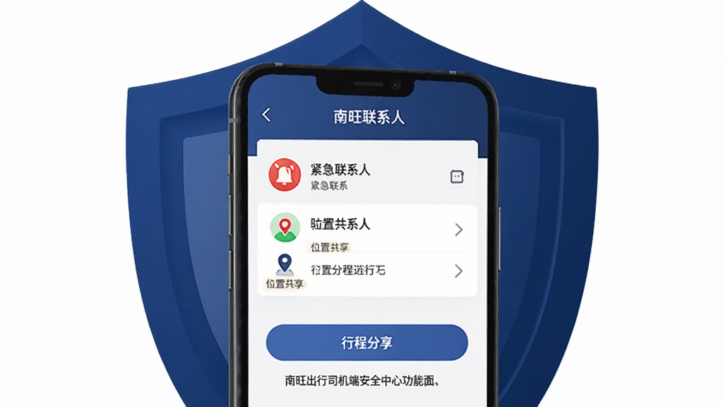 南旺出行司机端安全中心功能界面展示,画面以手机屏幕为核心,屏幕显示紧急联系人列表与行程分享按钮,背景为深蓝色安全盾牌图形,布局居中对称,风格稳重安全,细节包含报警图标、位置共享标识、安全提示文字,画质高清,干净,无多余元素