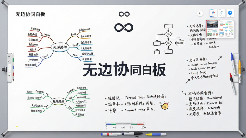 一张展示无边协同白板无限画布功能的AI生图,主体是一块向四周无限延伸的白色画布,画布上绘制着思维导图、流程图和手写笔记,布局采用俯视视角,排版将画布内容作为视觉中心,风格为简约商务插画,细节包含无限符号、缩放比例尺和导航缩略图,画质清晰干净无多余元素,画面中文字标注“无边协同白板”