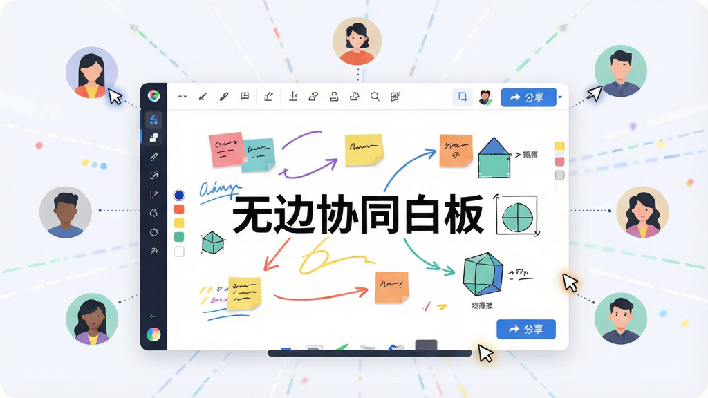 一幅展示无边协同白板软件核心全貌的场景图,画面中央是一块巨大的虚拟白色画板,画板上分布着彩色手绘线条、便签贴纸和几何图形,周围环绕着多个用户头像和实时协作光标,布局采用中心放射式构图,排版将软件界面与抽象协作概念融合,风格为现代科技感扁平插画,细节包含白板工具栏、颜色选择器和分享按钮,画质高清干净无多余元素,画面中文字标注“无边协同白板”