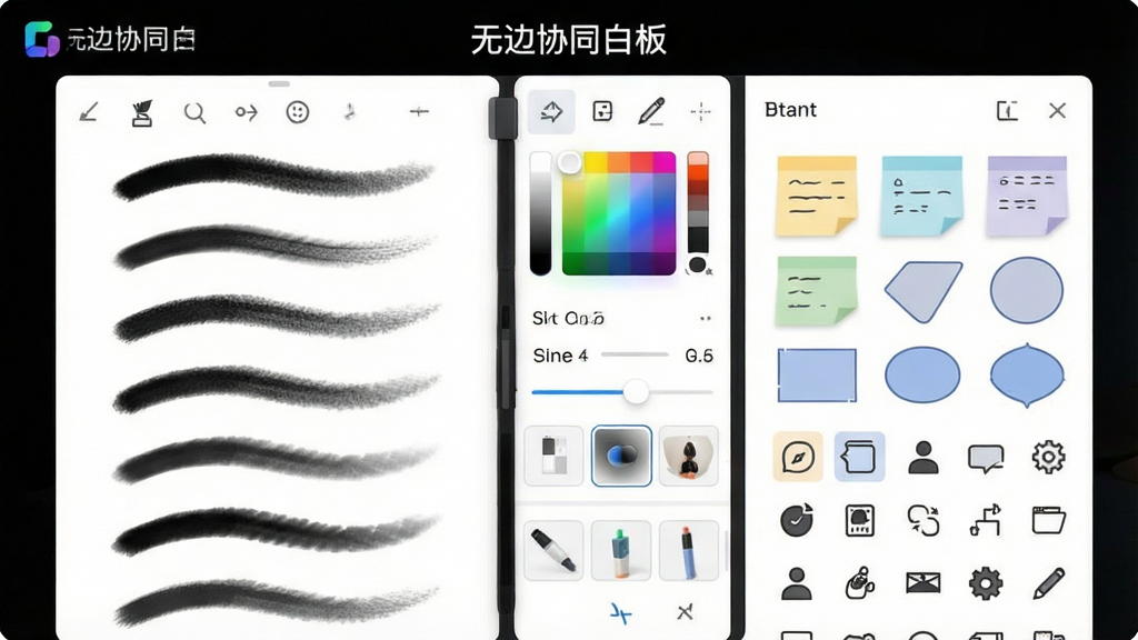 一张展示无边协同白板画笔与素材库功能的AI生图,主体是打开的画笔工具栏和素材面板,布局为左右分栏,左侧展示各种笔触效果,右侧展示便签、形状和图标素材,排版整齐有序,风格为清新浅色UI设计,细节包含颜色选择器、线条粗细滑块和素材缩略图,画质高清干净无多余元素,画面中文字标注“无边协同白板”