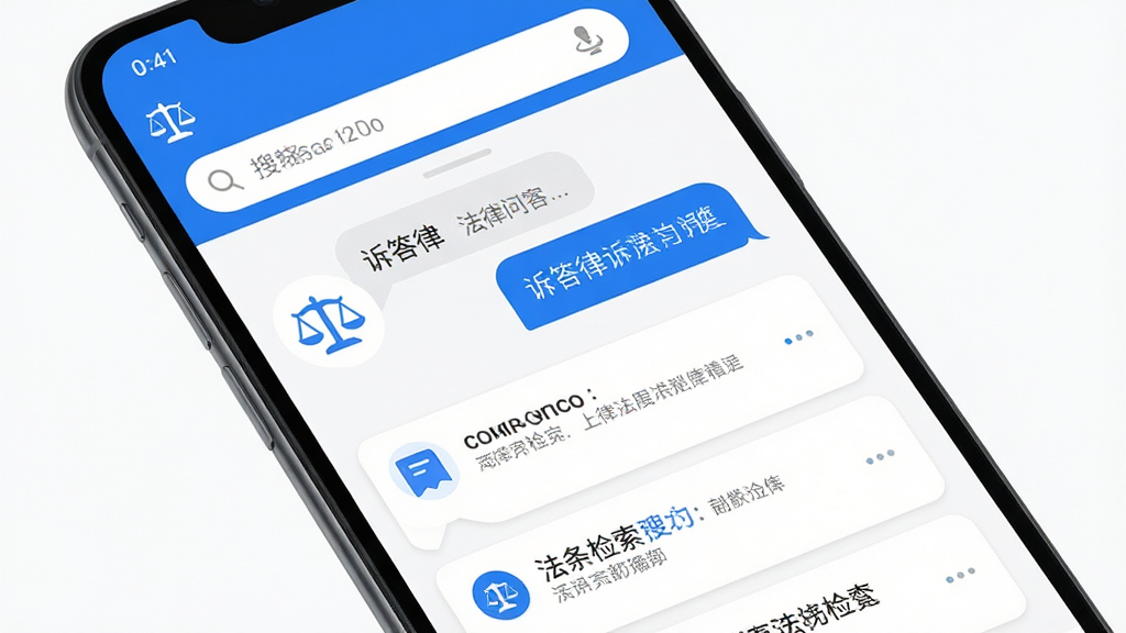 一款名为“诉答律”的安卓手机应用界面展示,主体为手机屏幕正面视图,屏幕内呈现法律问答对话框与法条检索列表,布局为上下结构,上方是搜索栏下方是问答卡片,排版整齐清晰,风格为现代简约科技风,细节包含蓝色主色调图标、白色背景、法律天平元素点缀,画质高清,干净,无多余元素