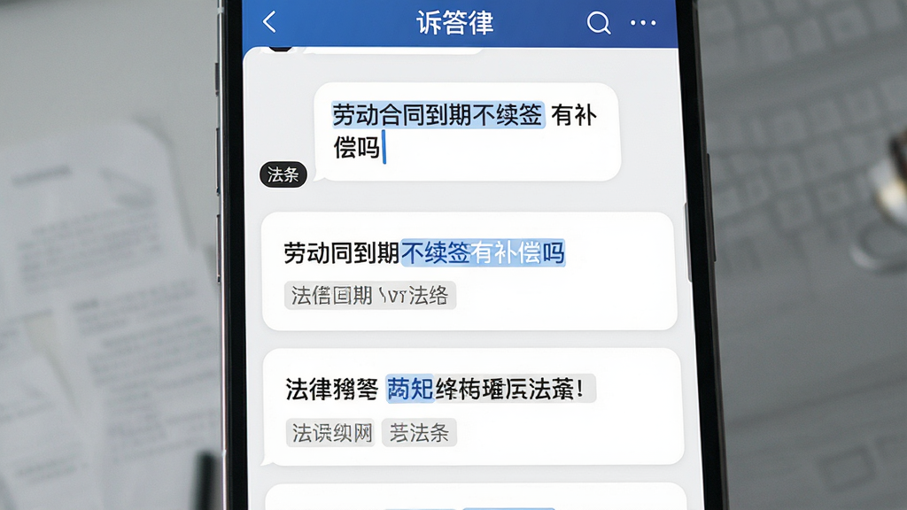 一款名为“诉答律”的法律智能问答应用界面,主体为手机屏幕特写,屏幕中显示对话框输入“劳动合同到期不续签有补偿吗”,下方弹出结构化法律回答卡片,布局为纵向列表,排版层次分明,风格为商务简洁风,细节包含蓝色高亮关键词、法条引用标签、白色卡片圆角设计,画质清晰,干净,无多余元素