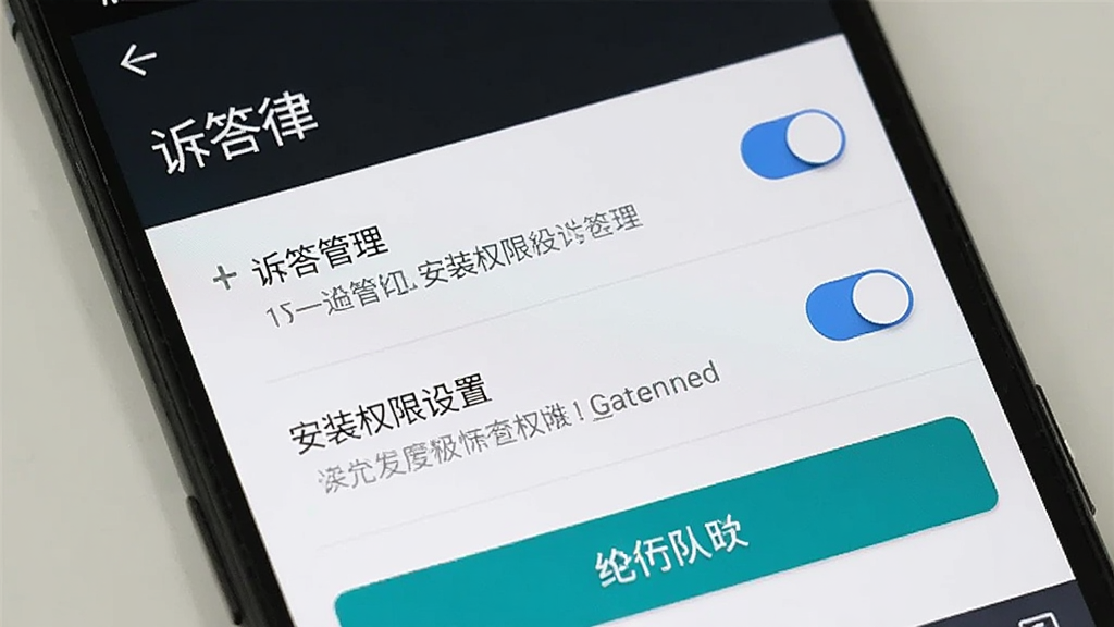 一款名为“诉答律”的应用在安卓手机上的安装权限设置界面,主体为手机屏幕特写,屏幕显示权限管理列表与安装确认按钮,布局为纵向列表,排版清晰,风格为系统原生简洁风,细节包含蓝色开关按钮、灰色文字说明、白色背景,画质清晰,干净,无多余元素