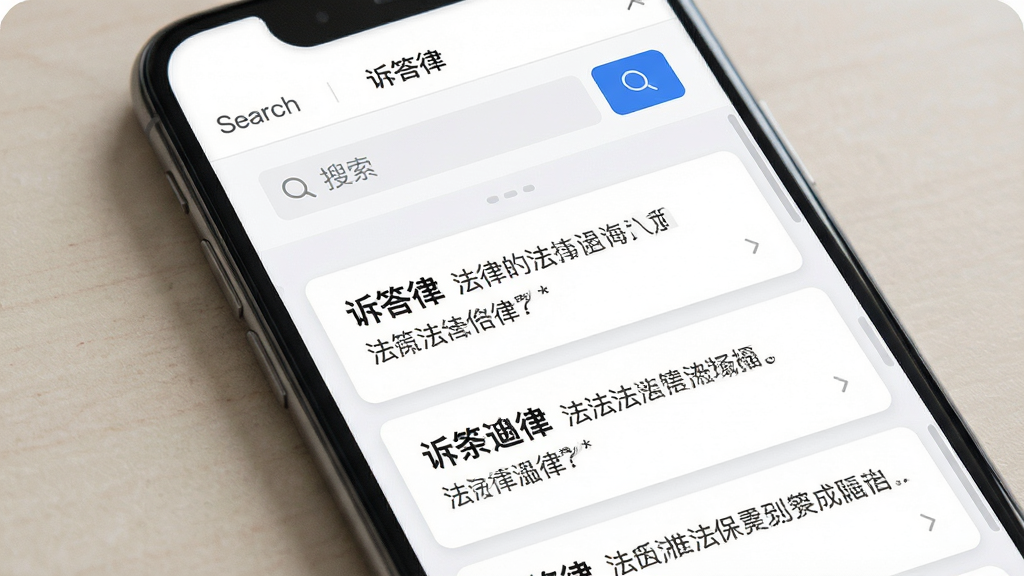 一款名为“诉答律”的应用内法条检索页面,主体为手机屏幕展示,屏幕中呈现法律条文列表与搜索框,布局为顶部搜索栏加下方条文卡片,排版工整,风格为清新浅色商务风,细节包含蓝色搜索按钮、灰色分割线、法条标题加粗显示,画质高清,干净,无多余元素