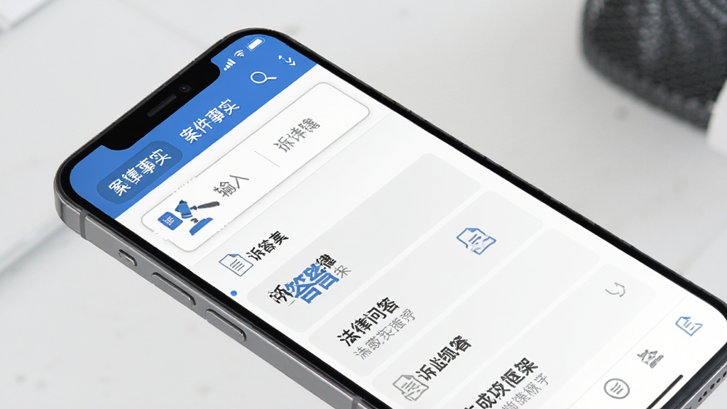 一款名为“诉答律”的诉答思路整理功能界面,主体为手机屏幕侧视图,屏幕中显示案件事实输入框与生成的问答框架列表,布局为左右分栏结构,排版清晰,风格为极简办公风,细节包含蓝色标签、灰色条目线、白色背景、法律文书图标,画质清晰,干净,无多余元素