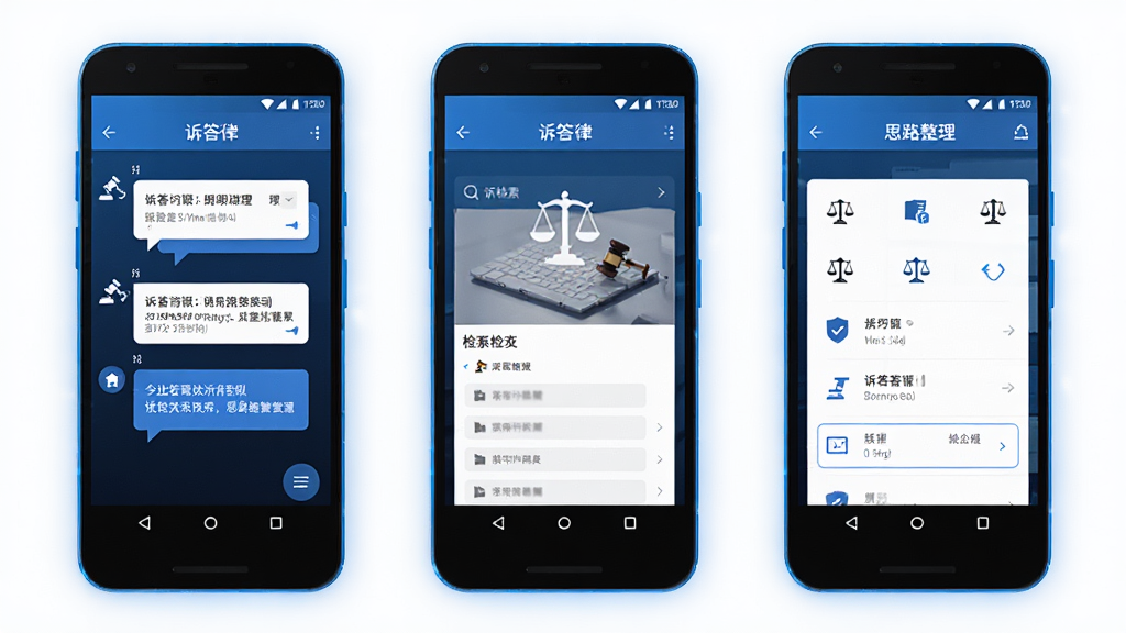 一款名为“诉答律”的应用在多台安卓手机上的运行展示,主体为三部手机并排展示,屏幕分别显示问答、检索、思路整理界面,布局为横向排列,排版统一,风格为科技蓝调,细节包含手机边框、蓝色光效、白色界面、法律图标,画质高清,干净,无多余元素