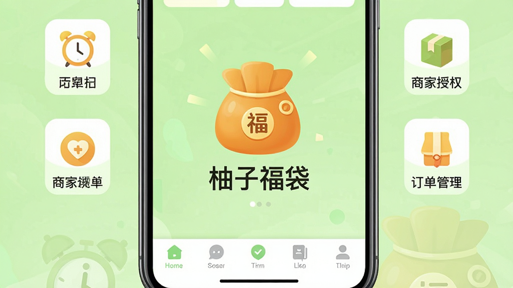 一张手机屏幕展示柚子福袋应用主界面,界面中央有醒目的福袋图标和“柚子福袋”文字标识,周围环绕着闹钟、商家授权、订单管理等功能入口图标,底部有导航栏,整体采用清新浅绿色调,扁平化设计风格,画面干净整洁,高清画质,无多余元素