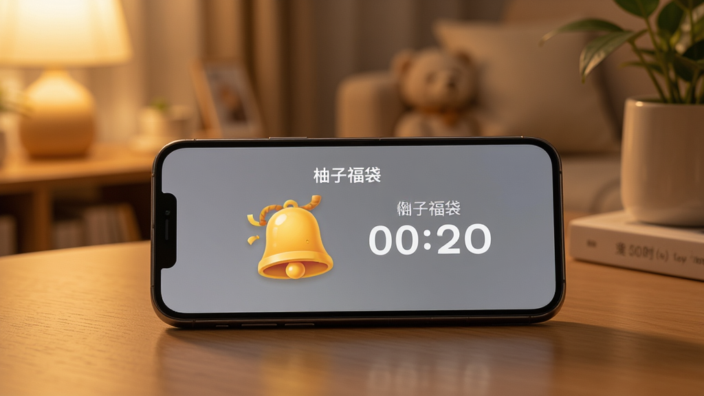一部手机放置在桌面上,屏幕显示柚子福袋的闹钟提醒界面,界面中有“柚子福袋”字样和一个醒目的铃铛图标,旁边显示倒计时数字,背景是温馨的家居环境,柔和暖光,写实风格,细节清晰,高清画质,干净构图