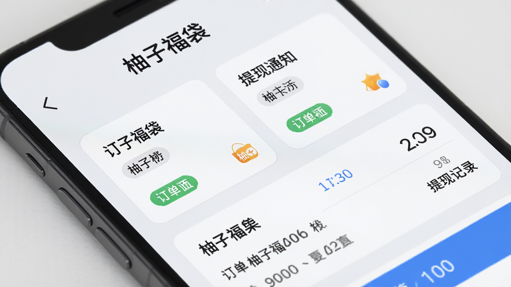 手机屏幕特写,显示柚子福袋的订单与提现通知页面,顶部有“柚子福袋”标题,页面中排列着订单卡片和提现记录条目,每条记录带有状态标签,界面采用卡片式布局,浅灰色背景,蓝色强调色,简洁商务风格,高清画质,无杂乱元素