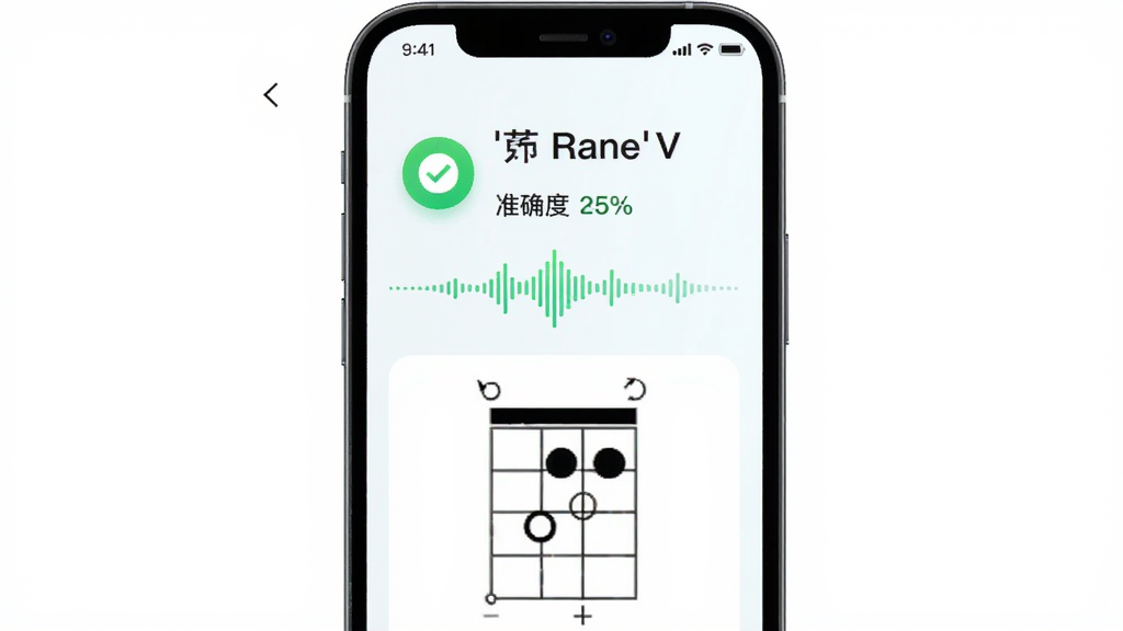乐知己App的和弦识别功能界面,主体为手机屏幕显示和弦名称与准确度百分比,布局为上方是识别结果,下方是指法示意图,排版简洁,风格为明亮清新的音乐教学风,细节包括绿色对勾图标、波形动画,画质高清,干净,无多余元素