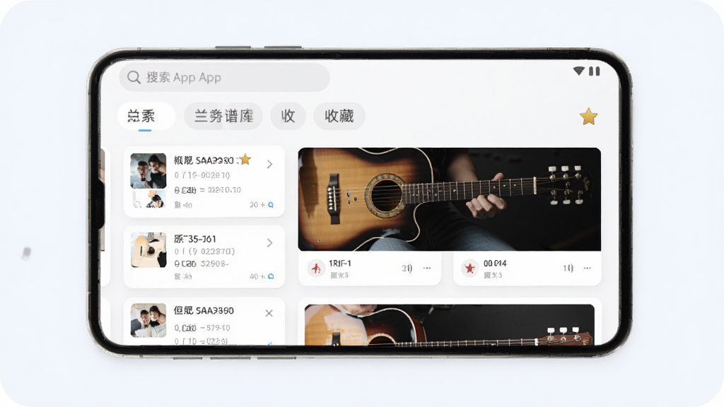 乐知己App曲谱库页面,主体为手机屏幕展示歌曲列表与吉他谱预览,布局采用卡片式排列,排版整齐,风格为清爽的浅色系音乐应用风,细节包括搜索框、分类标签、收藏星标,画质高清,干净,无多余元素