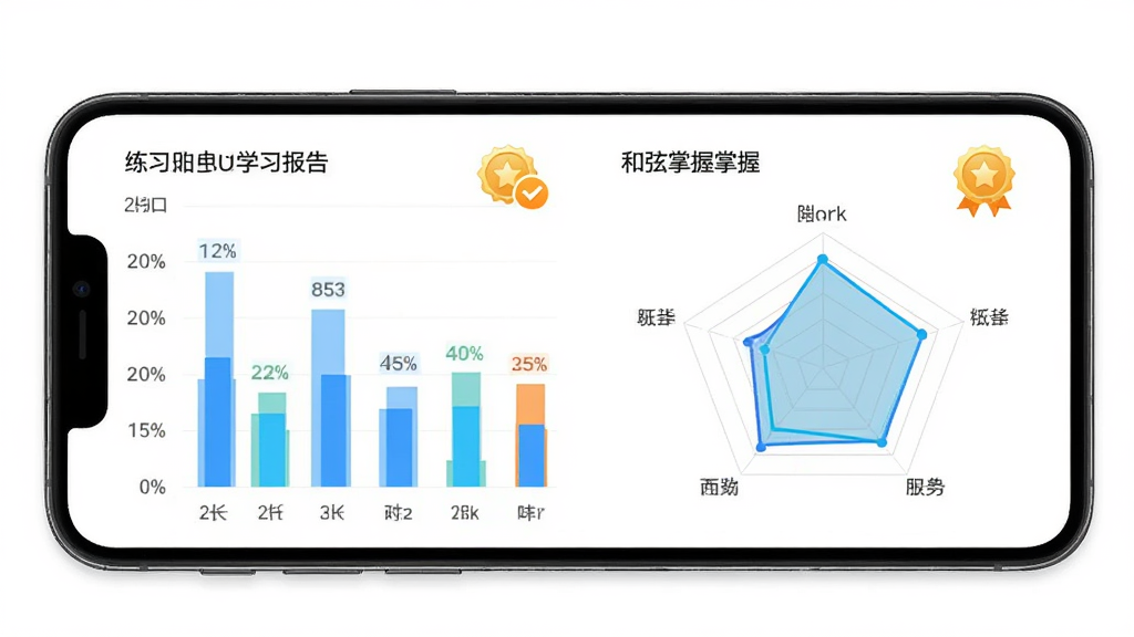 乐知己App学习报告页面,主体为手机屏幕展示练习时长柱状图与和弦掌握雷达图,布局为上下结构,排版清晰,风格为数据可视化简约风,细节包括日期标签、百分比数值、成就徽章,画质高清,干净,无多余元素