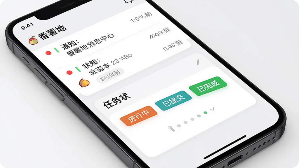手机屏幕展示“番薯地”消息中心与任务进度页面,上方为通知列表,下方为任务状态卡片,包含“进行中”“已提交”“已完成”标签,背景为白色与浅灰色搭配,风格为简洁的移动端列表设计,细节包含红点提醒、时间戳、状态色块,画质高清,干净无杂乱