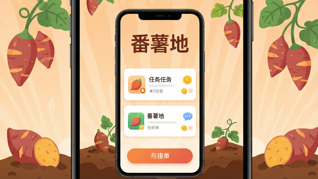 手机屏幕中央展示“番薯地”应用主界面,上方为醒目的“番薯地”文字标识,下方排列任务卡片与接单按钮,背景为浅橙色渐变,周围点缀红薯藤蔓与土地元素,整体布局简洁清晰,排版居中,风格为现代扁平化UI插画,细节包含任务图标、金币标识、消息气泡,画质高清,干净无多余元素