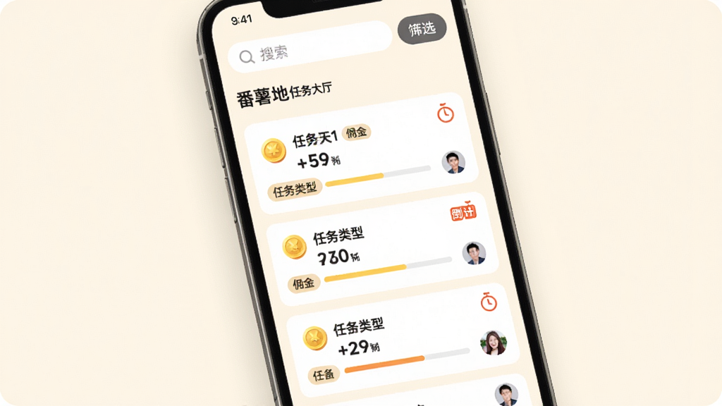 手机界面中显示“番薯地”任务大厅列表,多条任务卡片纵向排列,卡片上标注佣金金额、任务类型标签与倒计时图标,背景为柔和的米白色,顶部有搜索栏与筛选按钮,风格为清爽的移动端UI设计图,细节包含金币图标、进度条、用户头像,画质清晰,干净无杂乱元素