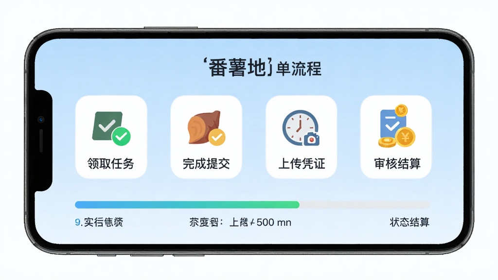手机屏幕展示“番薯地”接单流程示意图,四个步骤图标横向排列,分别标注“领取任务”“完成提交”“上传凭证”“审核结算”,下方有进度条与状态文字,背景为浅蓝色渐变,风格为扁平化信息图,细节包含对勾图标、时钟标识、金币掉落效果,画质高清,干净整洁