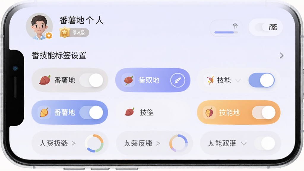 手机界面展示“番薯地”个人技能标签设置页,多个技能标签以圆角矩形排列,部分标签处于选中高亮状态,顶部有用户头像与等级徽章,背景为淡紫色,风格为现代移动端设置界面,细节包含标签图标、开关按钮、等级进度环,画质清晰,干净无多余装饰