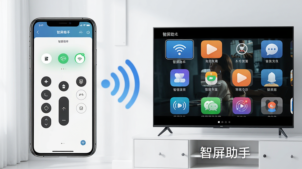 一张展示智屏助手软件界面的手机与电视连接场景图,画面中央是智能手机屏幕显示智屏助手控制面板,右侧是一台大屏幕智能电视正在播放视频内容,手机与电视之间用无线信号波纹连接,整体布局左右分布,风格为简洁科技感,细节包括手机上的虚拟遥控按钮、电视屏幕上的应用图标网格、底部有“智屏助手”文字标识,画质清晰,干净,无多余元素