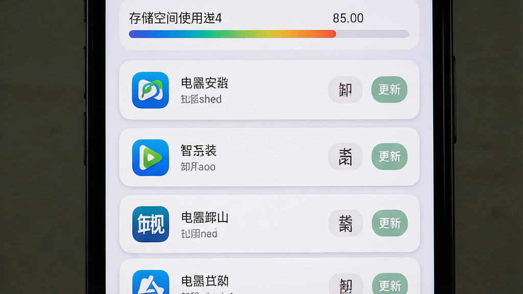 一张智屏助手应用管理功能的界面截图,画面显示手机屏幕上列出电视端已安装的应用图标与名称,每个应用右侧有卸载和更新按钮,顶部显示存储空间使用进度条,布局为垂直列表形式,风格为清新浅色卡片式设计,细节包括应用图标、存储容量数字、进度条颜色渐变,画质清晰,干净,无多余元素