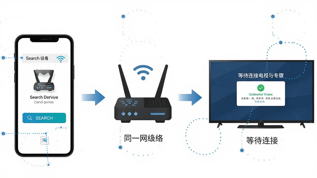 一张智屏助手连接电视的步骤示意图,画面分为三个部分,左侧手机显示搜索设备界面,中间是路由器图标表示同一网络,右侧是电视屏幕显示等待连接,布局为从左到右的流程箭头连接,风格为信息图表式,细节包括手机上的搜索按钮、WiFi信号图标、电视上的确认弹窗,画质清晰,干净,无多余元素