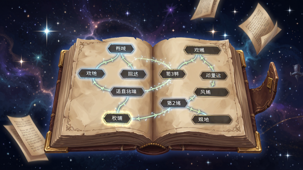 一张展示剧情选择界面的图片,画面中有一本打开的魔法书,书页上浮现出不同的选项分支,背景是梦幻的星空,布局以书本为中心,风格为奇幻风格,细节包括闪烁的星光和飘落的书页,画质高清,干净,无多余元素