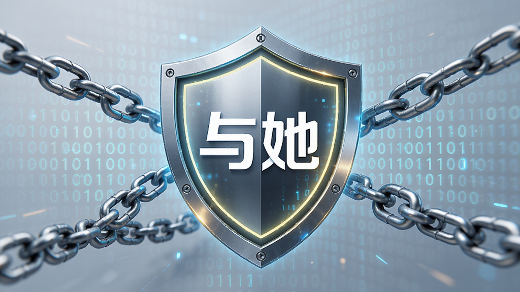 一张以安全为主题的图片,画面中央是一个发光的盾牌图标,盾牌内部显示