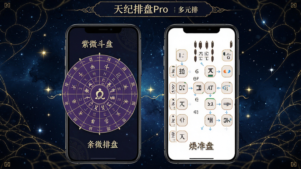 天纪排盘Pro多元排盘功能界面,画面中央展示手机屏幕内并列显示紫微斗数盘与八字盘,背景为深蓝色星空与金色线条交织,布局采用上下分层排版,风格为古典与科技融合,细节包含星点闪烁与文字标注,画质高清干净无多余元素