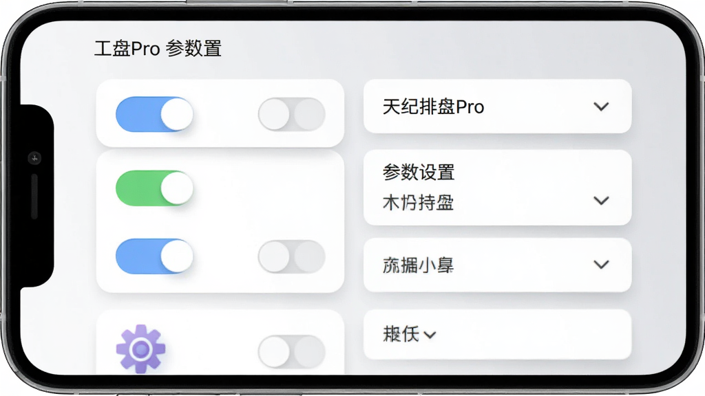 天纪排盘Pro参数设置页面,手机界面显示多个开关按钮与下拉菜单,背景为浅灰色渐变,布局采用卡片式纵向排列,风格为清爽极简,细节包含圆角图标与柔和阴影,画质清晰干净无多余元素