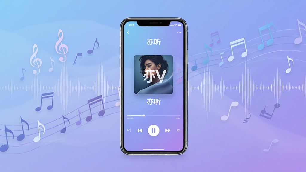 亦听软件主界面展示,画面中央放置一部智能手机,手机屏幕显示亦听APP的播放界面,界面设计简洁清新,背景为柔和的蓝紫色渐变,主体周围环绕着流动的音符与声波纹理,布局居中对称,风格现代简约,细节包含播放控制按钮与专辑封面,画质高清,画面干净无多余元素。