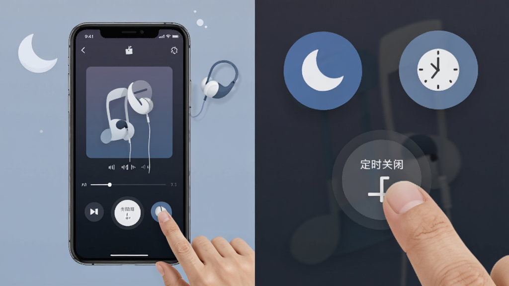 亦听移动端操作示意图,画面展示一部手机正在播放音乐,旁边有手指点击定时关闭按钮的特写,布局采用左右分屏形式,左侧为手机界面,右侧为功能图标放大展示,风格写实与扁平结合,细节包含耳机、月亮、时钟等元素,画质清晰,背景简洁。