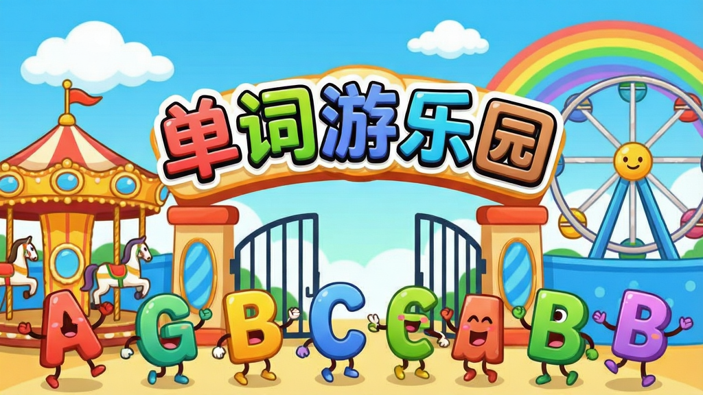 一张展示单词游乐园软件主界面的图片,画面中央是卡通风格的游乐园大门,门上写着“单词游乐园”五个彩色大字,大门两侧有旋转木马和摩天轮元素,前景有各种英文字母拟人化的小角色在欢快跳跃,背景是蓝天白云和彩虹,整体风格活泼可爱,色彩明亮鲜艳,布局为居中构图,排版突出软件名称,画质高清,干净,无多余元素