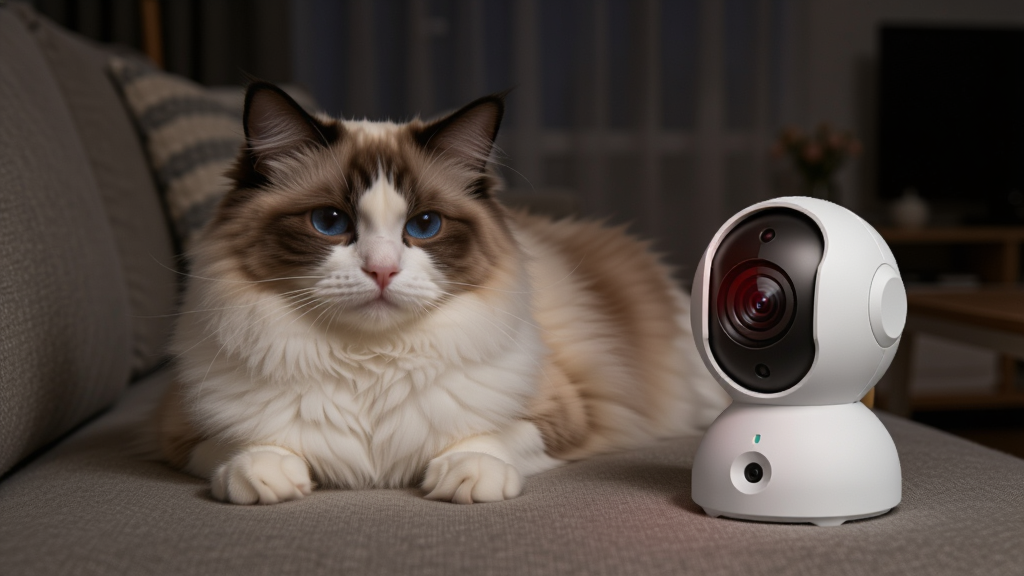 一只可爱的布偶猫趴在沙发上,旁边放着一台白色的皮可宝智能摄像头,摄像头镜头发出淡淡的红外光,背景是夜晚昏暗的客厅,画面整体色调偏暗但猫和摄像头清晰可见,构图采用居中对称式,风格温馨安静,细节上突出摄像头的夜视工作状态和猫咪慵懒的姿态,画质高清,干净无多余元素