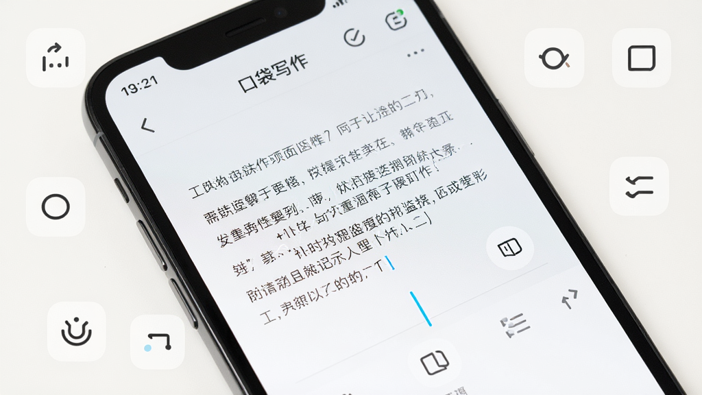 一部手机屏幕特写,显示「口袋写作」的编辑界面,有文字段落和光标闪烁,界面清爽,背景为浅色,周围有简约图标装饰,风格现代,画质清晰,干净无多余元素
