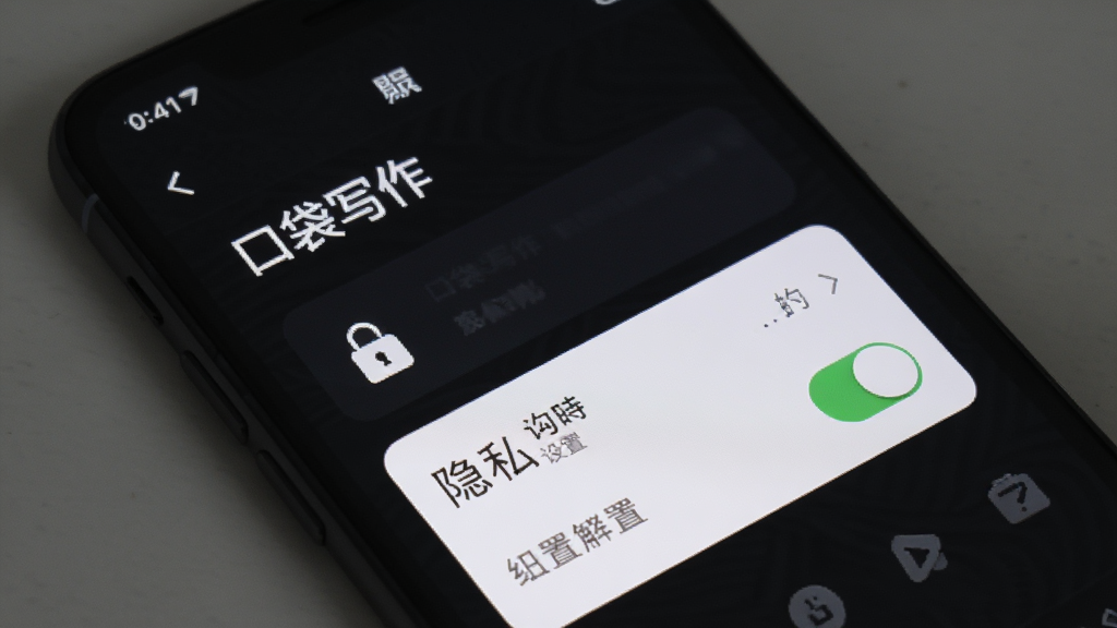 一部手机屏幕显示「口袋写作」的隐私设置页面,有锁形图标和开关按钮,背景为深色护眼模式,风格沉稳安全,画质清晰,干净无多余元素
