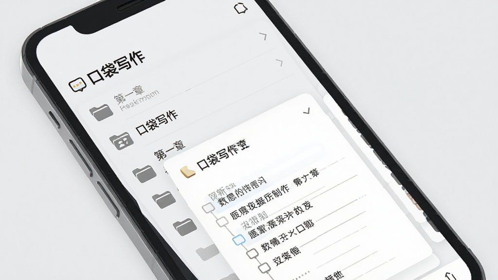手机屏幕显示「口袋写作」的章节列表和大纲卡片界面,有文件夹图标和文字条目,背景为浅灰色,风格简约商务,画质清晰,干净无多余元素