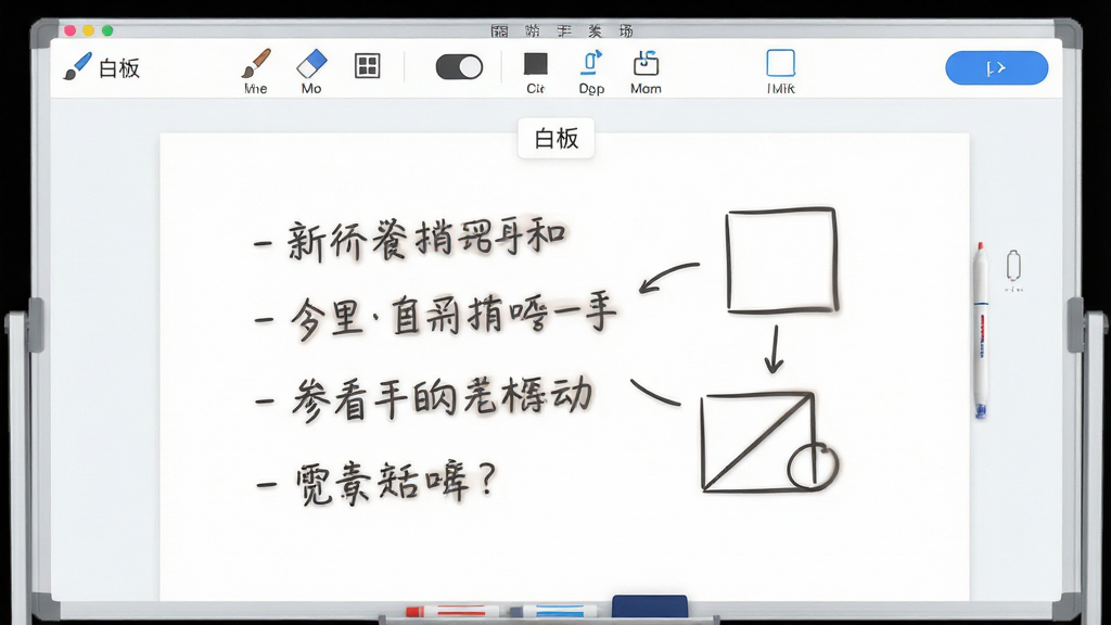 一张展示白板软件主界面的预览图,画面中央是一块干净的白色画布,画布上有几行手写笔记和简单几何图形,顶部工具栏清晰可见,包含画笔、橡皮擦、背景切换等图标,整体布局简洁清爽,风格为现代扁平化UI设计,细节上笔迹边缘柔和自然,画质高清干净,无多余元素,画面中可带有
