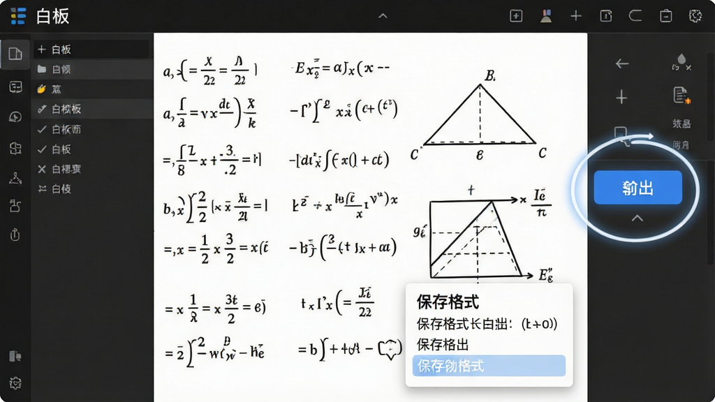 一张白板软件导出功能的示意图,画面展示一块写满数学公式和几何图形的白色画布,右侧有一个导出按钮被高亮圈出,底部弹出保存格式选项,布局为左右分栏结构,风格为简洁信息图风格,细节上公式线条清晰锐利,画质高清干净,无多余元素,画面中可带有