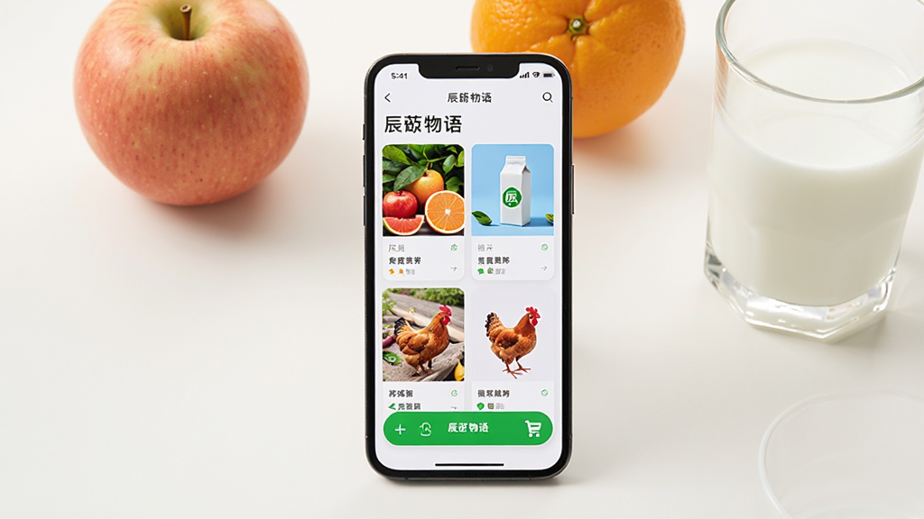画面中央是一部智能手机,屏幕显示“辰颐物语”应用界面,界面中有新鲜水果、牛奶、土鸡等商品卡片和购物车图标;背景是干净的浅色桌面,摆放着苹果、橙子和一杯牛奶;整体采用清新明亮的写实摄影风格,构图居中,细节清晰,画质干净,无多余元素,无杂乱文字