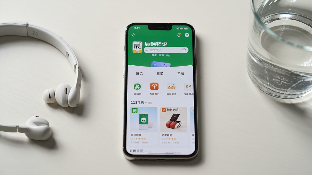 手机屏幕显示“辰颐物语”安装完成后的首页界面,页面中有搜索框、分类图标和商品推荐;手机旁边放着耳机和一杯水,背景是干净的浅色桌面;整体采用简洁数码产品摄影风格,构图居中,细节清晰,画质干净,无多余元素