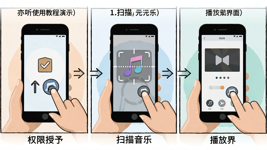 亦听使用教程示意图,主体为手机屏幕分步操作演示,布局为三格漫画式排列,排版从左到右依次为权限授予、扫描音乐、播放界面,风格为扁平化教程插画,细节包含手指点击图标与箭头引导,画质高清,干净,无多余元素