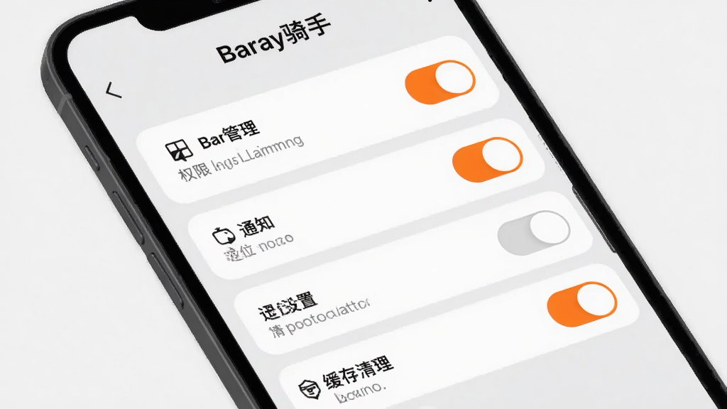 手机屏幕展示Baray骑手设置页面,包含权限管理、通知开关、定位设置、缓存清理等选项,界面整洁,橙色高亮开关按钮,背景为浅灰色,扁平化设计风格,文字
