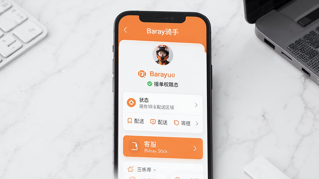 手机屏幕展示Baray骑手个人中心页面,包含头像、昵称、接单权限状态、配送区域设置、客服入口等功能模块,布局清晰,橙色主色调搭配白色卡片,扁平化UI风格,文字