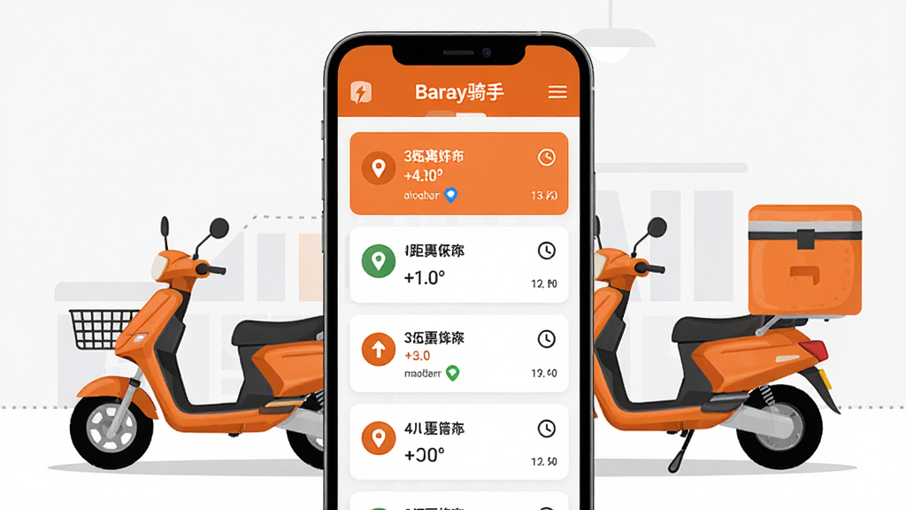 一个明亮整洁的骑手工作场景,手机界面展示Baray骑手抢单大厅的订单卡片列表,卡片上有距离、金额、时间等图标,旁边有电动车和配送箱,橙色主色调,扁平化矢量插画风格,构图居中,画面干净,文字