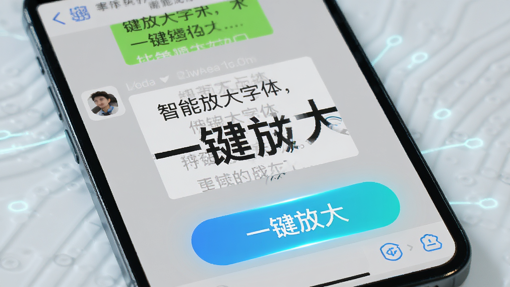 智能放大字体通一键放大功能展示图,手机屏幕显示微信聊天界面,文字被明显放大,界面中有醒目的