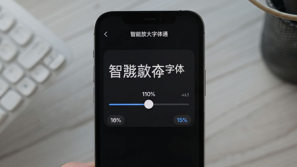 智能放大字体通缩放比例调节界面,手机屏幕显示字体大小调节滑块和百分比数值,背景为深色模式,界面中有