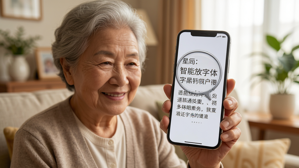 智能放大字体通用户使用场景图,一位老年人手持手机微笑阅读放大后的文字,手机屏幕显示清晰的放大字体界面,背景温馨家庭环境,风格温暖真实,高清画质,干净无多余元素