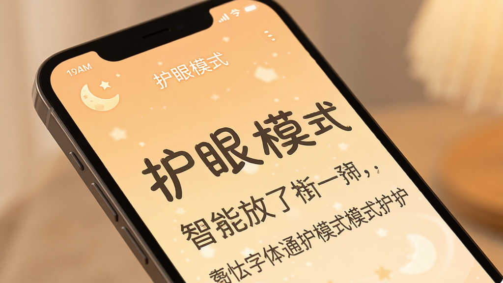 智能放大字体通护眼模式效果图,手机屏幕显示放大后的文字配合暖色调护眼背景,界面中有月亮图标和