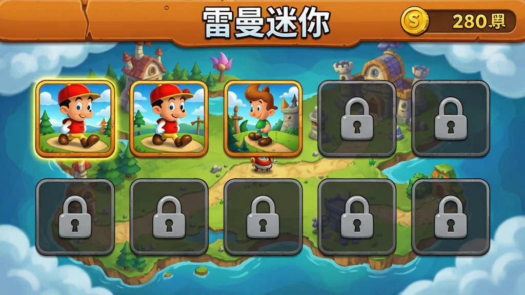 雷曼迷你游戏关卡选择界面截图,画面展示多个关卡图标排列在奇幻地图上,已解锁关卡显示彩色缩略图,未解锁显示灰色锁形图标,顶部显示