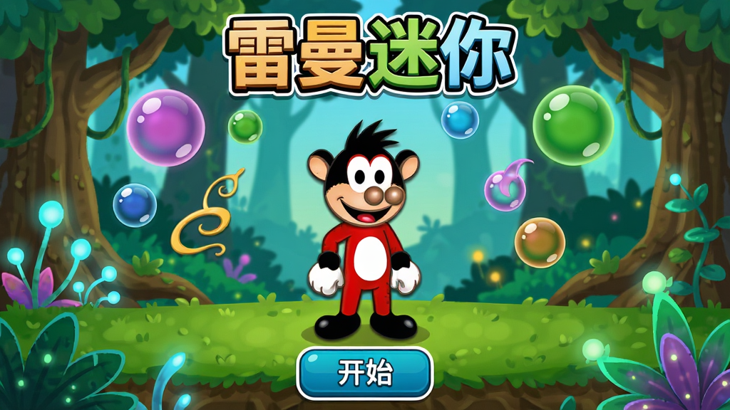 雷曼迷你游戏主界面截图,画面中央是雷曼角色站立在奇幻森林场景中,周围有漂浮的彩色气泡和发光植物,顶部显示游戏标题